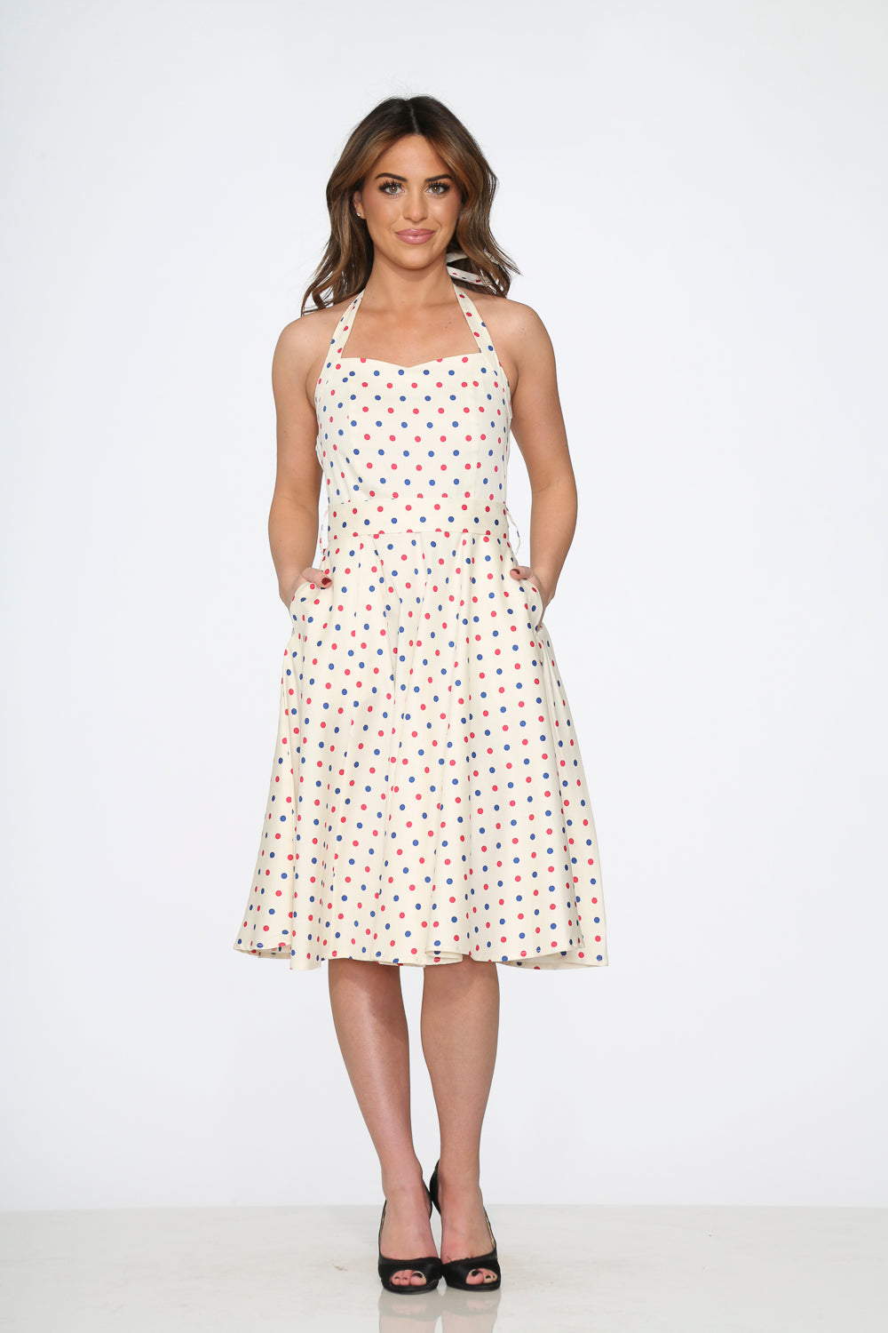 23232 White Candy Dot Halter Swing Dress