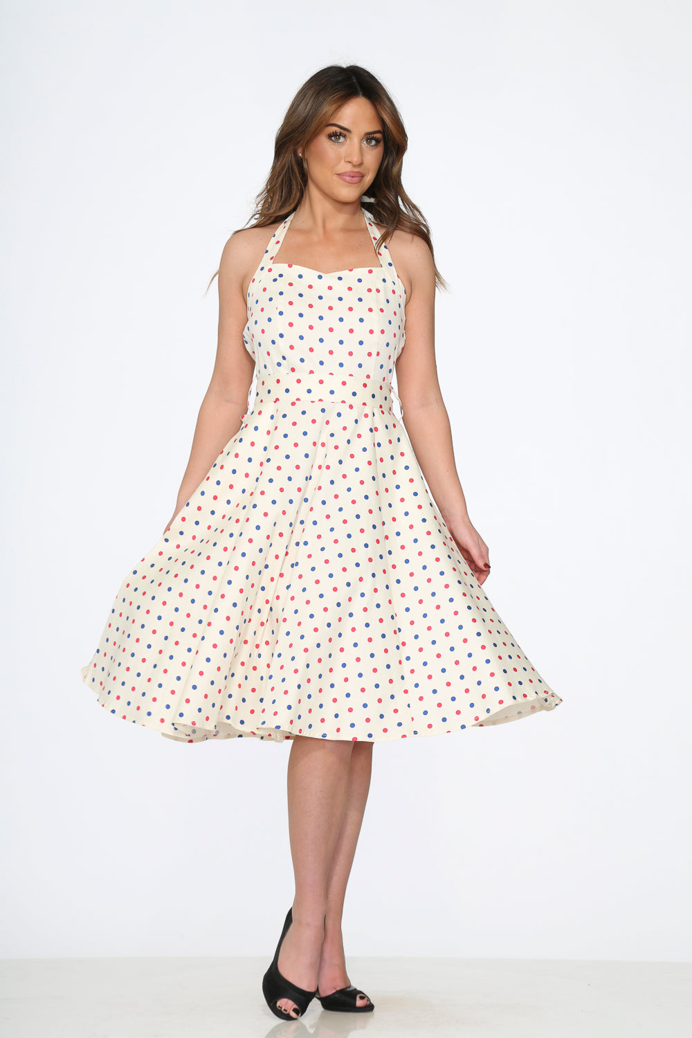 23232 White Candy Dot Halter Swing Dress